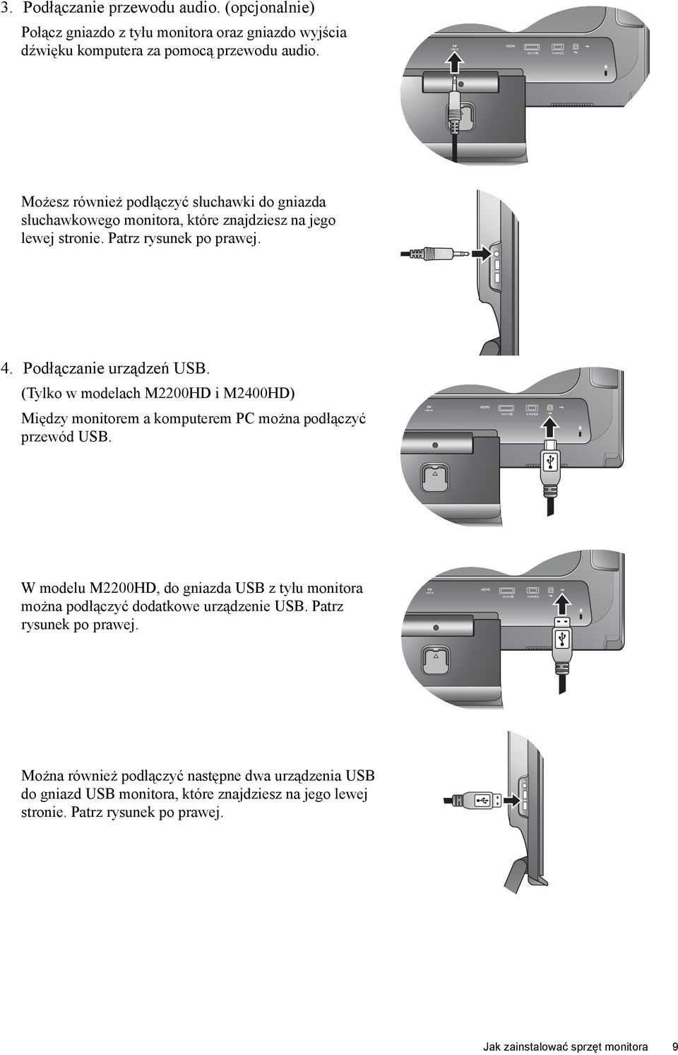 (Tylko w modelach M2200HD i M2400HD) Między monitorem a komputerem PC można podłączyć przewód USB.