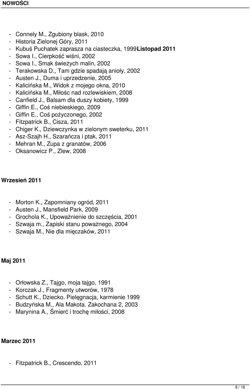 , Miłośc nad rozlewiskiem, 2008 - Canfield J., Balsam dla duszy kobiety, 1999 - Giffin E., Coś niebieskiego, 2009 - Giffin E., Coś pożyczonego, 2002 - Fitzpatrick B., Cisza, 2011 - Chiger K.