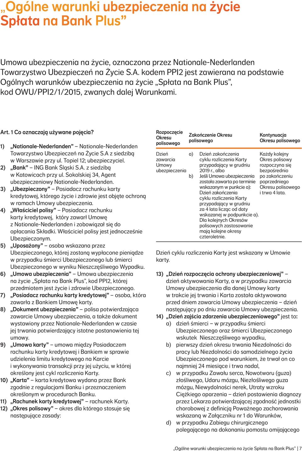 1) Nationale Nederlanden Nationale Nederlanden Towarzystwo Ubezpieczeń na Życie S.A z siedzibą w Warszawie przy ul. Topiel 12; ubezpieczyciel. 2) Bank ING Bank Śląski S.A. z siedzibą w Katowicach przy ul.