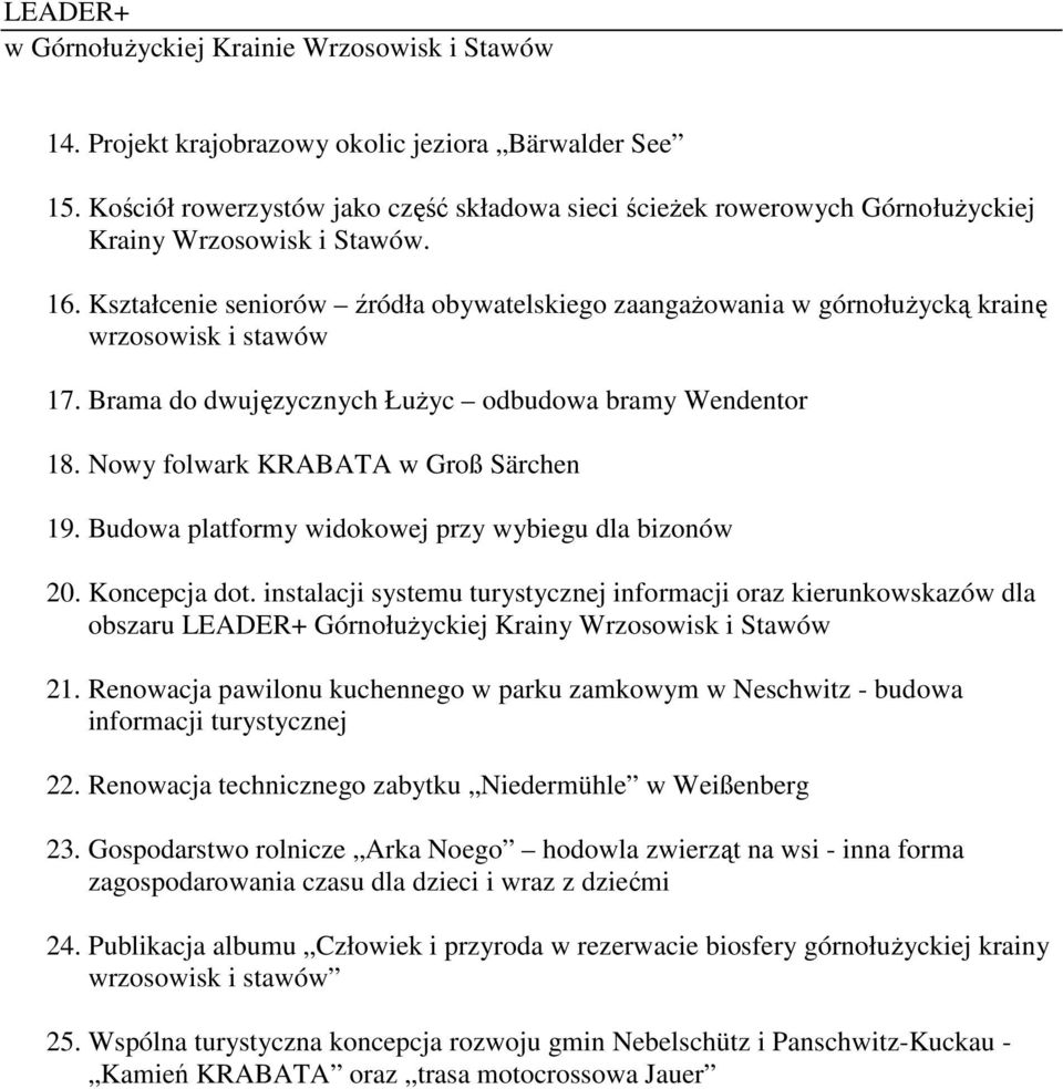 Kształcenie seniorów źródła obywatelskiego zaangaŝowania w górnołuŝycką krainę wrzosowisk i stawów 17. Brama do dwujęzycznych ŁuŜyc odbudowa bramy Wendentor 18. Nowy folwark KRABATA w Groß Särchen 19.