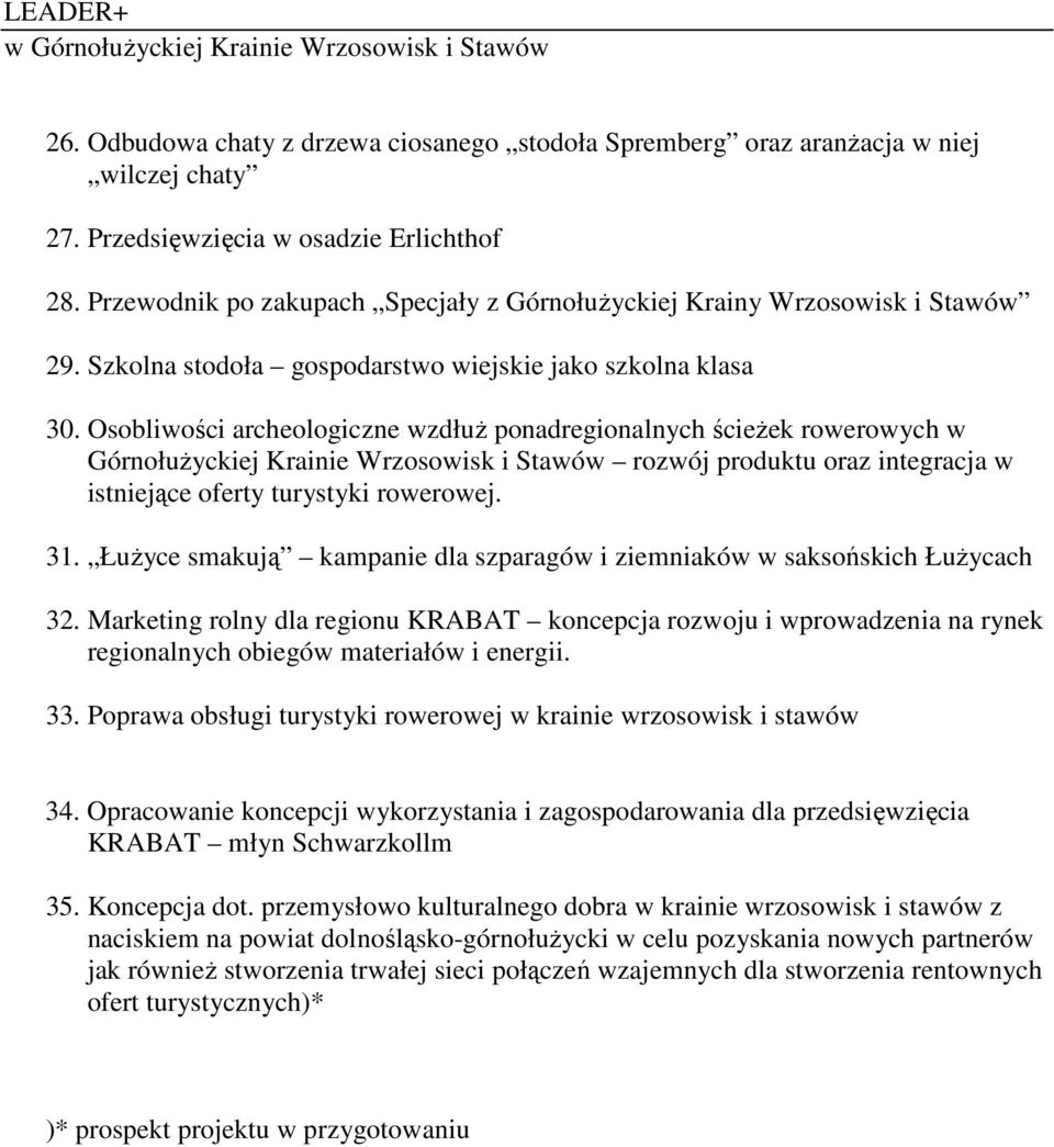 Osobliwości archeologiczne wzdłuŝ ponadregionalnych ścieŝek rowerowych w GórnołuŜyckiej Krainie Wrzosowisk i Stawów rozwój produktu oraz integracja w istniejące oferty turystyki rowerowej. 31.