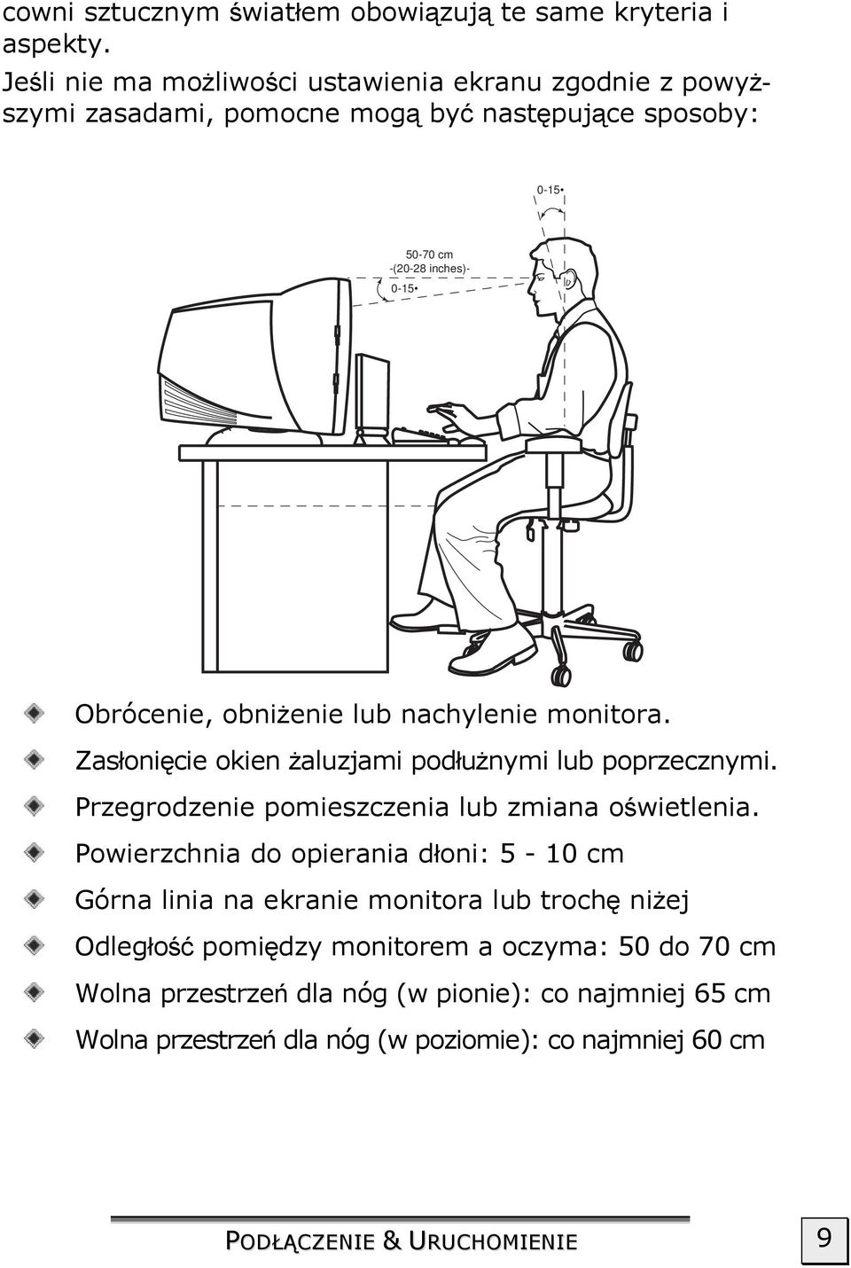 obniżenie lub nachylenie monitora. Zasłonięcie okien żaluzjami podłużnymi lub poprzecznymi. Przegrodzenie pomieszczenia lub zmiana oświetlenia.