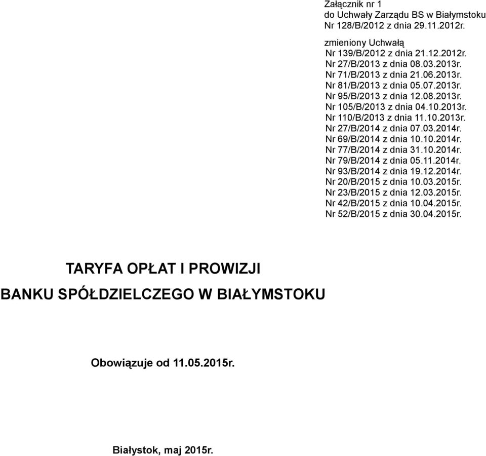 03.014r. Nr 69/B/014 z dnia 10.10.014r. Nr 77/B/014 z dnia 31.10.014r. Nr 79/B/014 z dnia 05.11.014r. Nr 93/B/014 z dnia 19.1.014r. Nr 0/B/015 z dnia 10.03.015r.