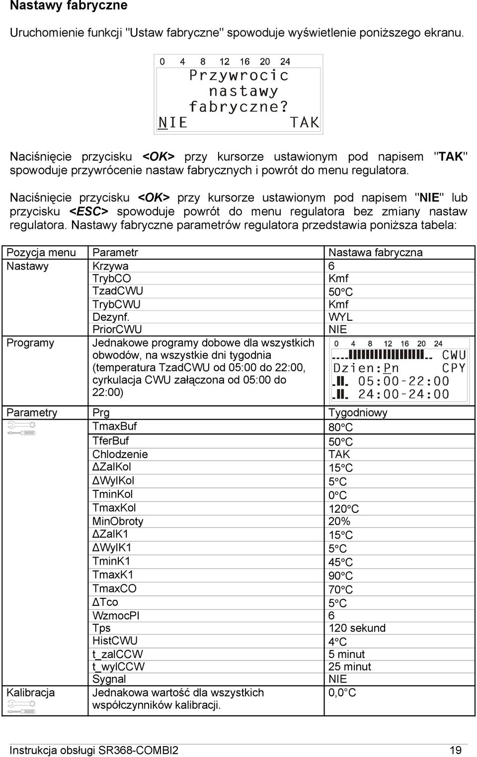 Naciśnięcie przycisku <OK> przy kursorze ustawionym pod napisem "NIE" lub przycisku <ESC> spowoduje powrót do menu regulatora bez zmiany nastaw regulatora.