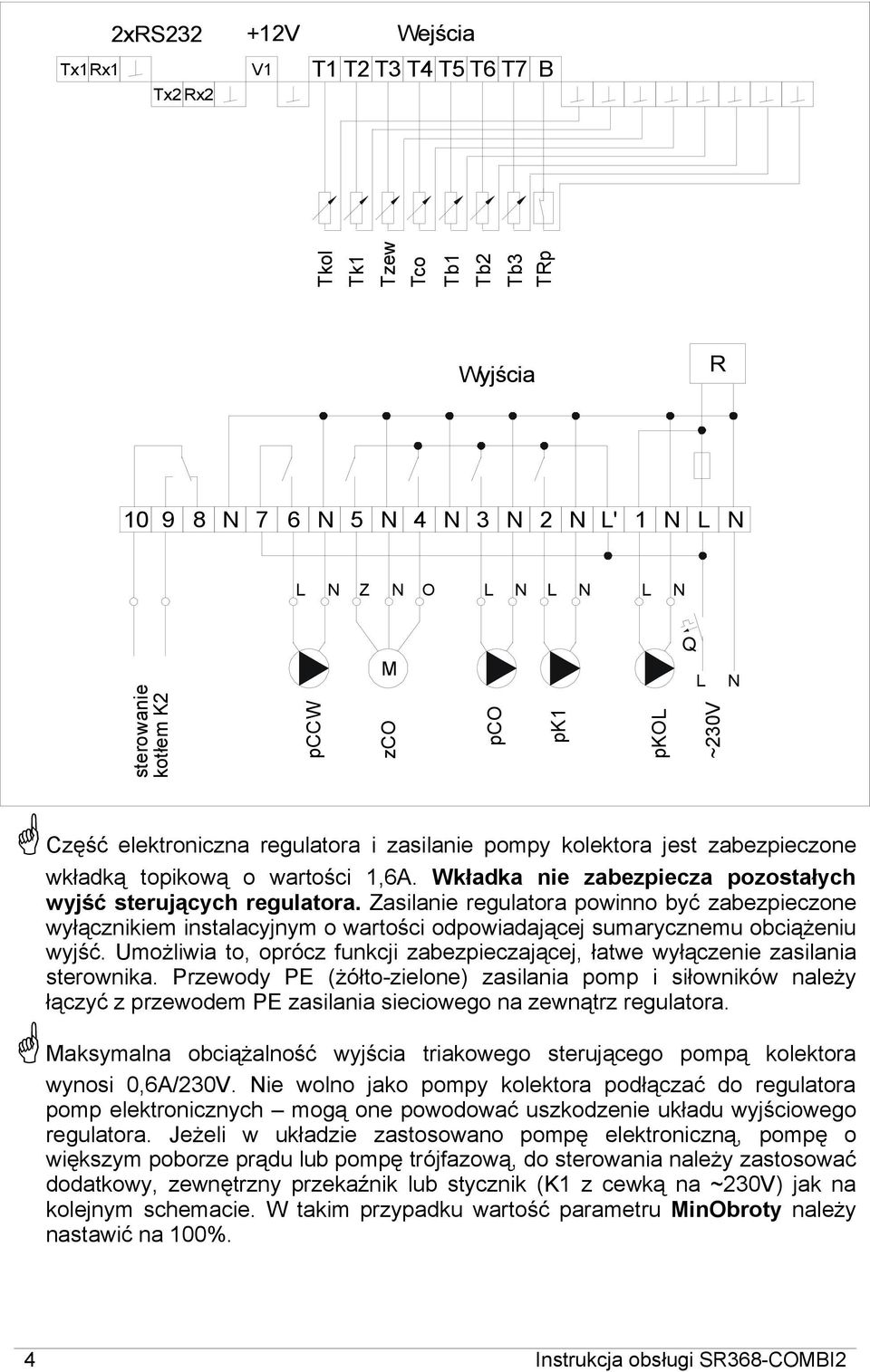 Wkładka nie zabezpiecza pozostałych wyjść sterujących regulatora. Zasilanie regulatora powinno być zabezpieczone wyłącznikiem instalacyjnym o wartości odpowiadającej sumarycznemu obciążeniu wyjść.