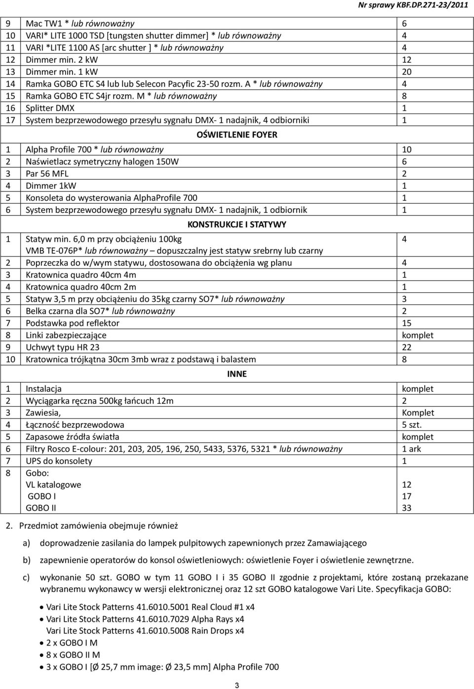 M * lub równoważny 8 16 Splitter DMX 1 17 System bezprzewodowego przesyłu sygnału DMX- 1 nadajnik, 4 odbiorniki 1 OŚWIETLENIE FOYER 1 Alpha Profile 700 * lub równoważny 10 2 Naświetlacz symetryczny