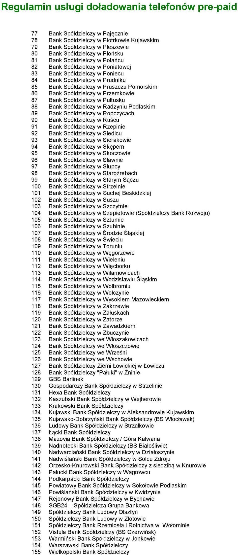 Spółdzielczy w Radzyniu Podlaskim 89 Bank Spółdzielczy w Ropczycach 90 Bank Spółdzielczy w Ruścu 91 Bank Spółdzielczy w Rzepinie 92 Bank Spółdzielczy w Siedlcu 93 Bank Spółdzielczy w Sierakowie 94