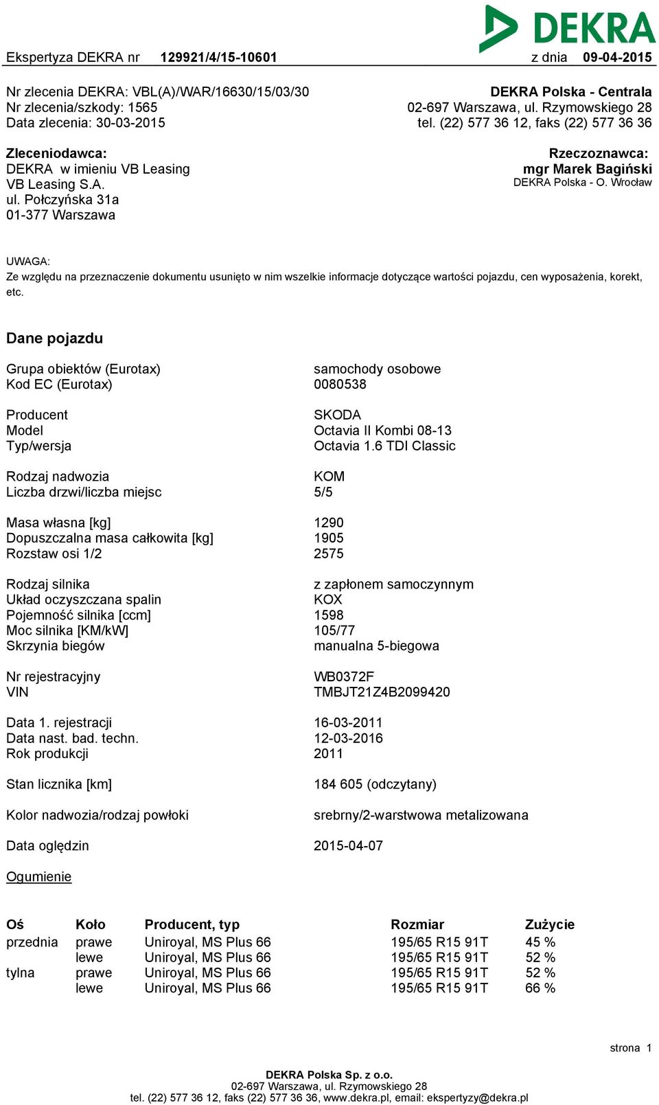 Wrocław UWAGA: Ze względu na przeznaczenie dokumentu usunięto w nim wszelkie informacje dotyczące wartości pojazdu, cen wyposażenia, korekt, etc.