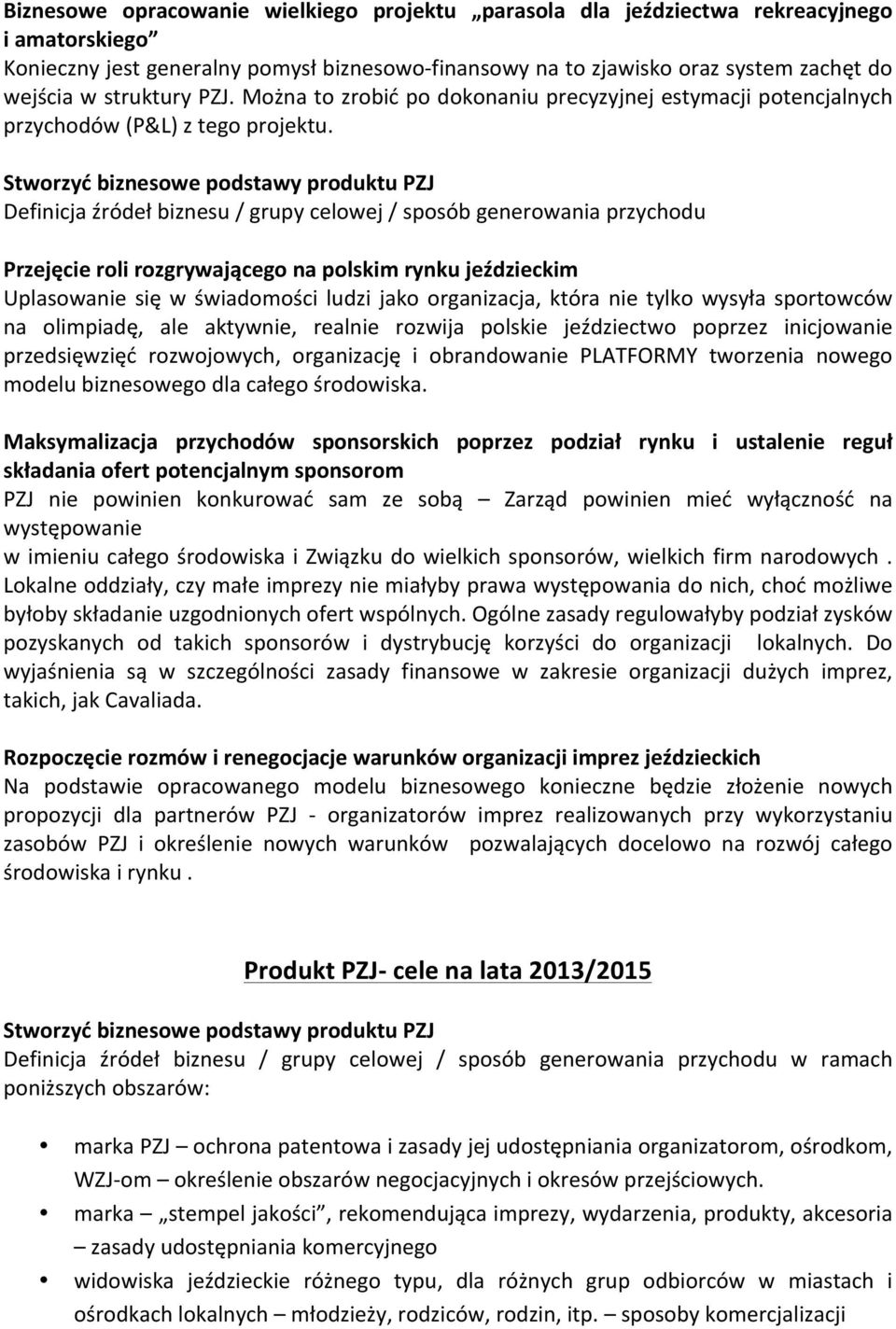 Stworzyć biznesowe podstawy produktu PZJ Definicja źródeł biznesu / grupy celowej / sposób generowania przychodu Przejęcie roli rozgrywającego na polskim rynku jeździeckim Uplasowanie się w