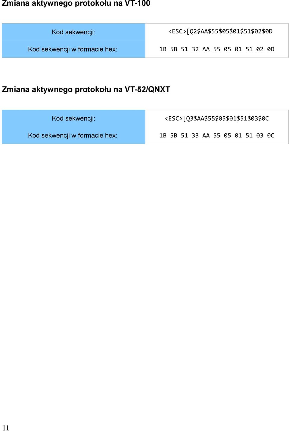 Zmiana aktywnego protokołu na VT-52/QNXT Kod sekwencji w formacie