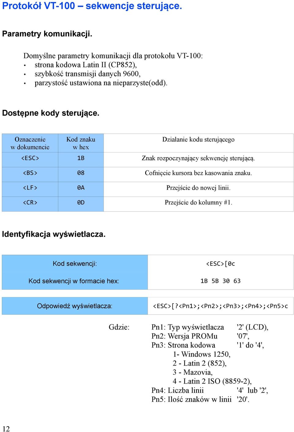 Oznaczenie w dokumencie Kod znaku w hex Działanie kodu sterującego <ESC> 1B Znak rozpoczynający sekwencję sterującą. <BS> 08 Cofnięcie kursora bez kasowania znaku. <LF> 0A Przejście do nowej linii.