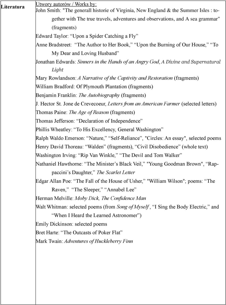 an Angry God, A Divine and Supernatural Light Mary Rowlandson: A Narrative of the Captivity and Restoration (fragments) William Bradford: Of Plymouth Plantation (fragments) Benjamin Franklin: The