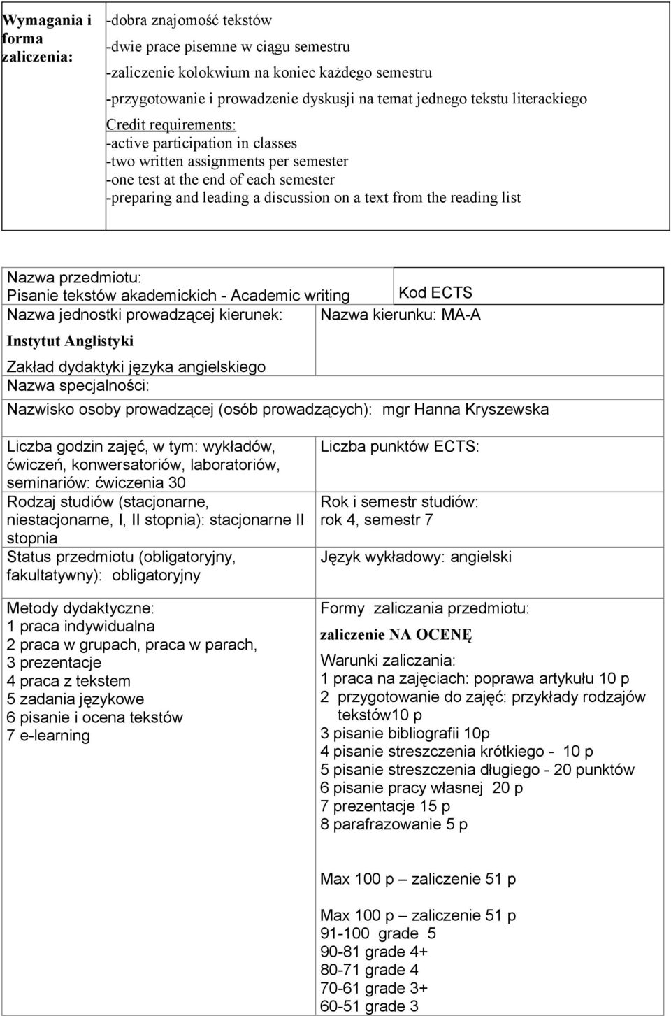 from the reading list Nazwa przedmiotu: Pisanie tekstów akademickich - Academic writing Kod ECTS Nazwa jednostki prowadzącej kierunek: Nazwa kierunku: MA-A Instytut Anglistyki Zakład dydaktyki języka