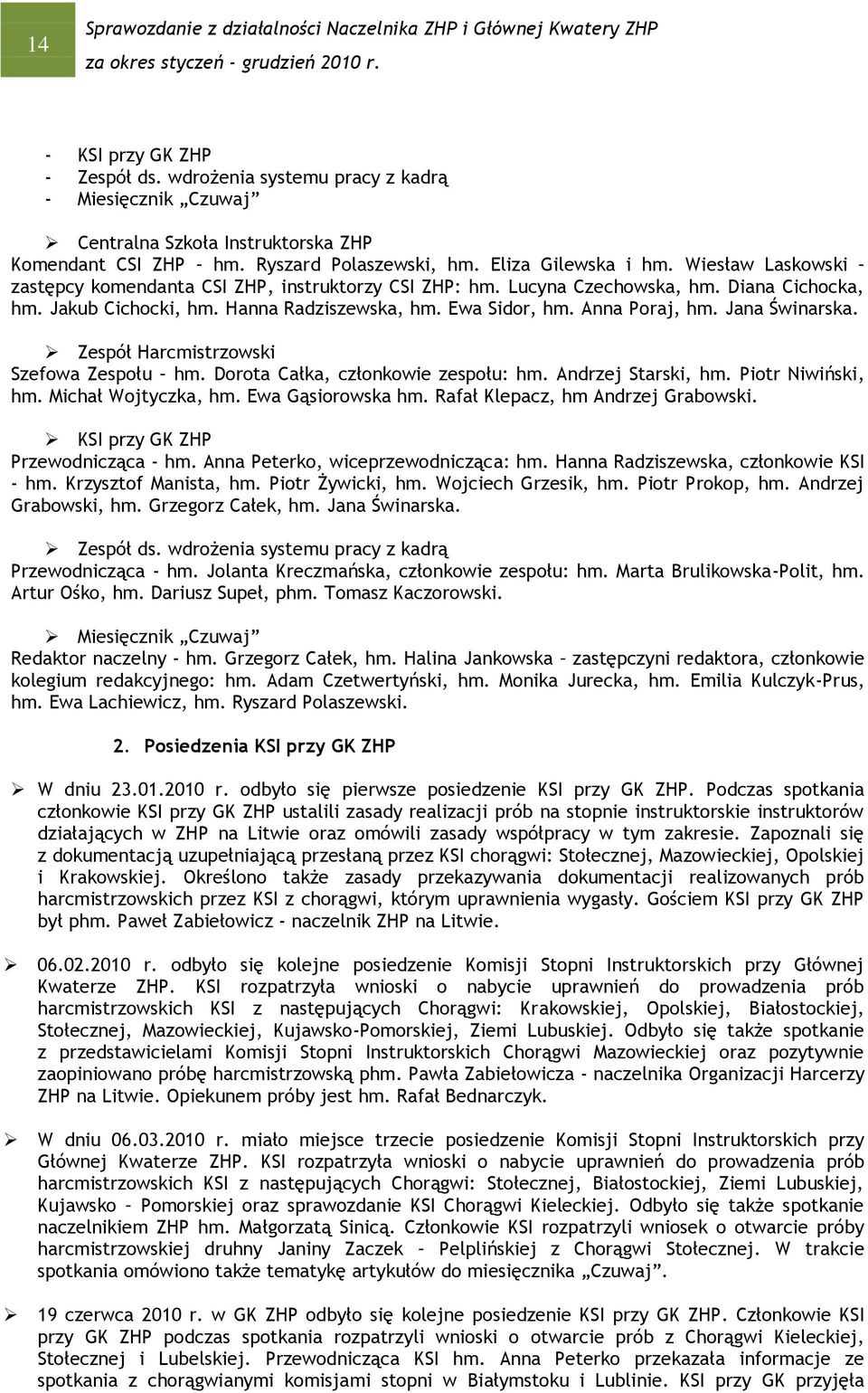 Jana Świnarska. Zespół Harcmistrzowski Szefowa Zespołu hm. Dorota Całka, członkowie zespołu: hm. Andrzej Starski, hm. Piotr Niwiński, hm. Michał Wojtyczka, hm. Ewa Gąsiorowska hm.