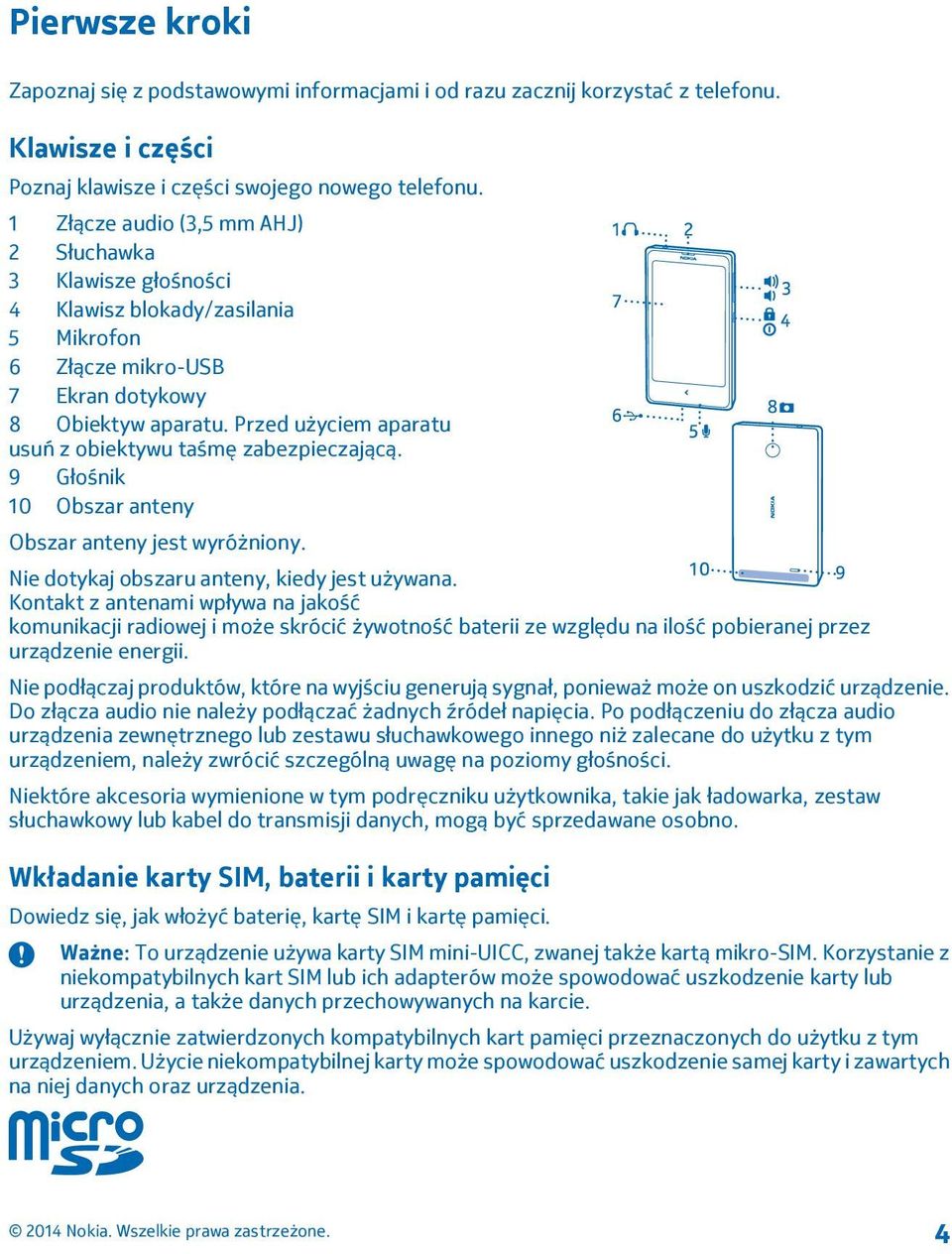 Przed użyciem aparatu usuń z obiektywu taśmę zabezpieczającą. 9 Głośnik 10 Obszar anteny Obszar anteny jest wyróżniony. Nie dotykaj obszaru anteny, kiedy jest używana.