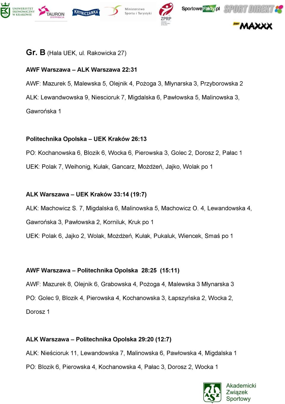 Gawrońska 1 Politechnika Opolska UEK Kraków 26:13 PO: Kochanowska 6, Blozik 6, Wocka 6, Pierowska 3, Golec 2, Dorosz 2, Pałac 1 UEK: Polak 7, Weihonig, Kułak, Gancarz, Możdżeń, Jajko, Wolak po 1 ALK