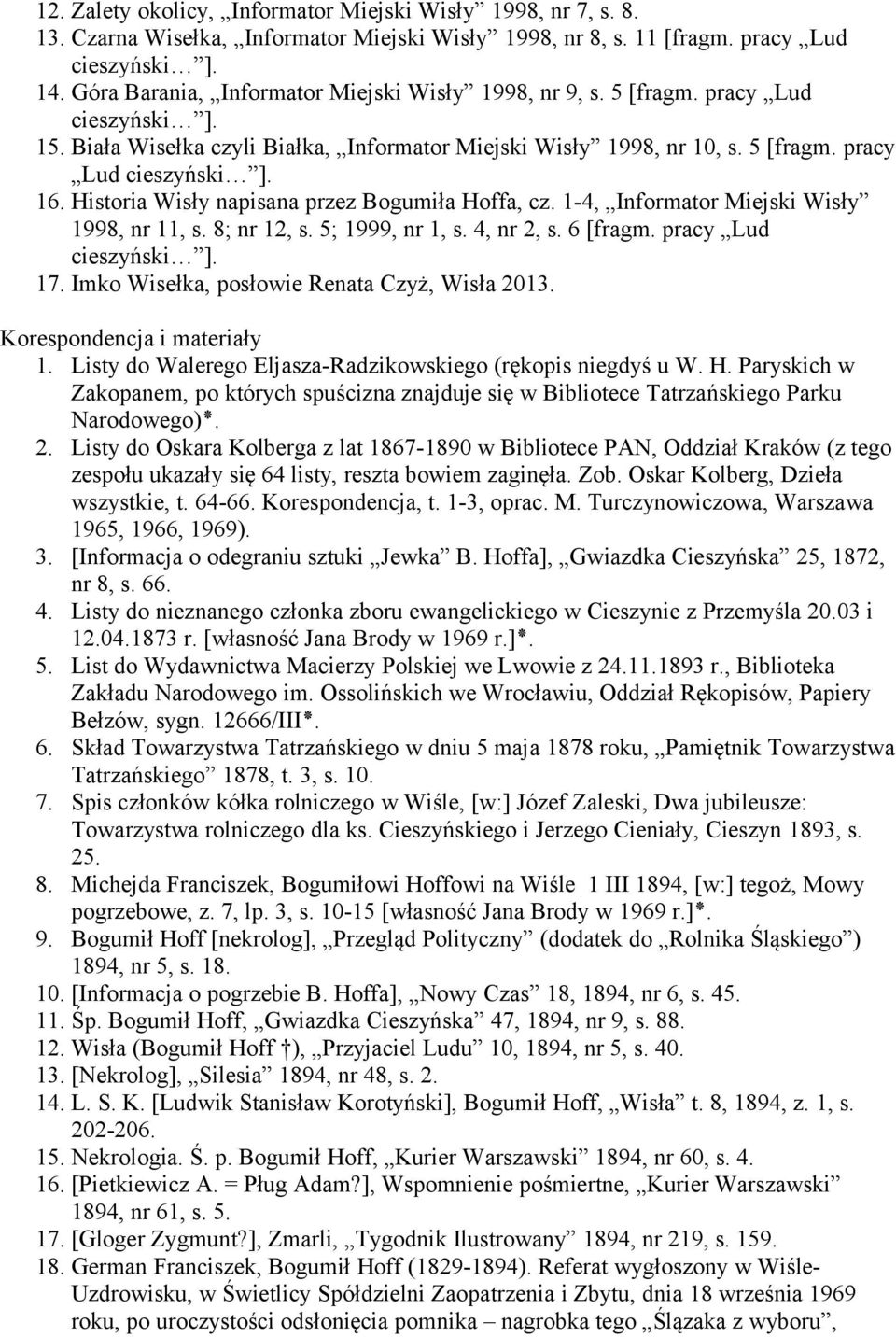 Historia Wisły napisana przez Bogumiła Hoffa, cz. 1-4, Informator Miejski Wisły 1998, nr 11, s. 8; nr 12, s. 5; 1999, nr 1, s. 4, nr 2, s. 6 [fragm. pracy Lud 17.