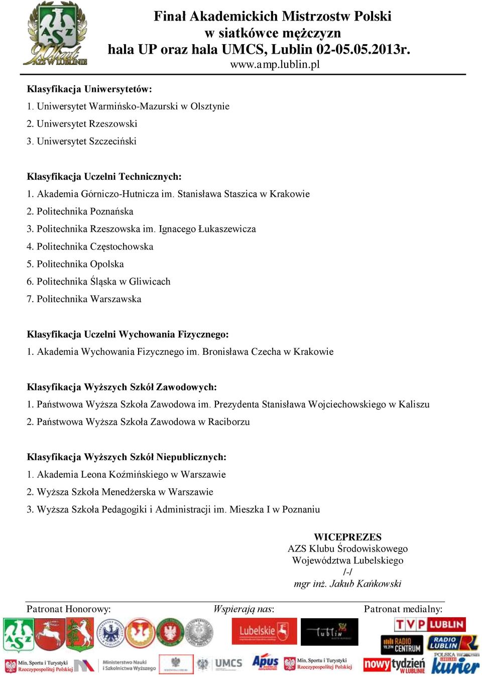 Ignacego Łukaszewicza 4. Politechnika Częstochowska 5. Politechnika Opolska 6. Politechnika Śląska w Gliwicach 7. Politechnika Warszawska Klasyfikacja Uczelni Wychowania Fizycznego: 1.