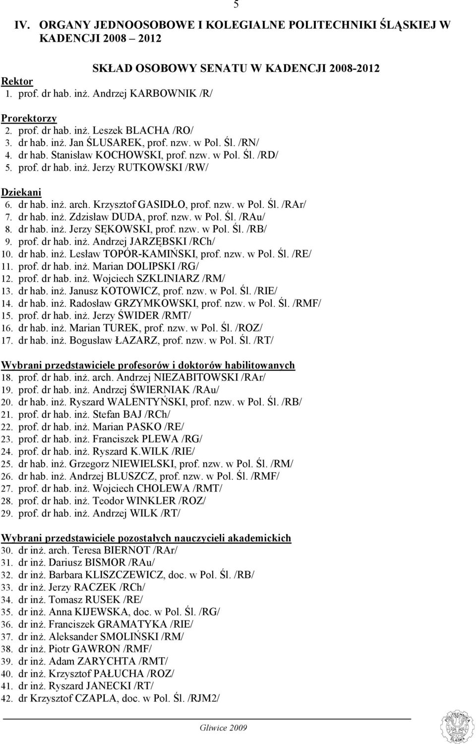 Krzysztof GASIDŁO, prof. nzw. w Pol. Śl. /RAr/ 7. dr hab. inż. Zdzisław DUDA, prof. nzw. w Pol. Śl. /RAu/ 8. dr hab. inż. Jerzy SĘKOWSKI, prof. nzw. w Pol. Śl. /RB/ 9. prof. dr hab. inż. Andrzej JARZĘBSKI /RCh/ 10.