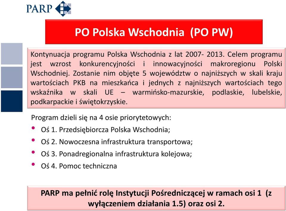 podlaskie, lubelskie, podkarpackie i świętokrzyskie. Program dzieli się na 4 osie priorytetowych: Oś 1. Przedsiębiorcza Polska Wschodnia; Oś 2.