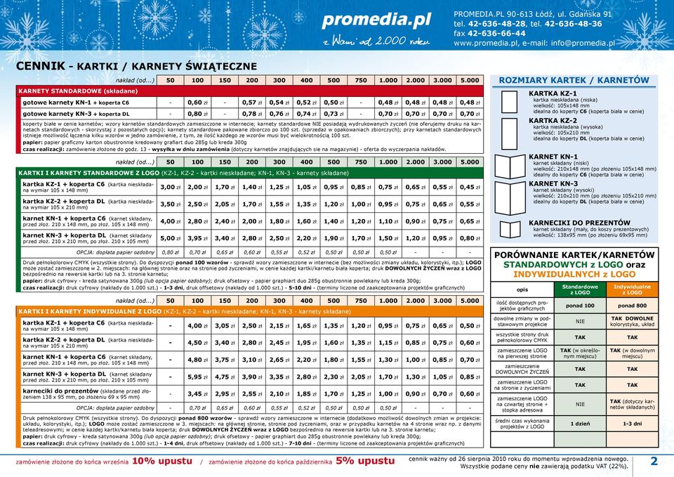000 gotowe karnety KN1 + koperta C6 0,60 zł 0,57 zł 0,54 zł 0,52 zł 0,50 zł 0,48 zł 0,48 zł 0,48 zł 0,48 zł gotowe karnety KN3 + koperta DL 0,80 zł 0,78 zł 0,76 zł 0,74 zł 0,73 zł 0,70 zł 0,70 zł