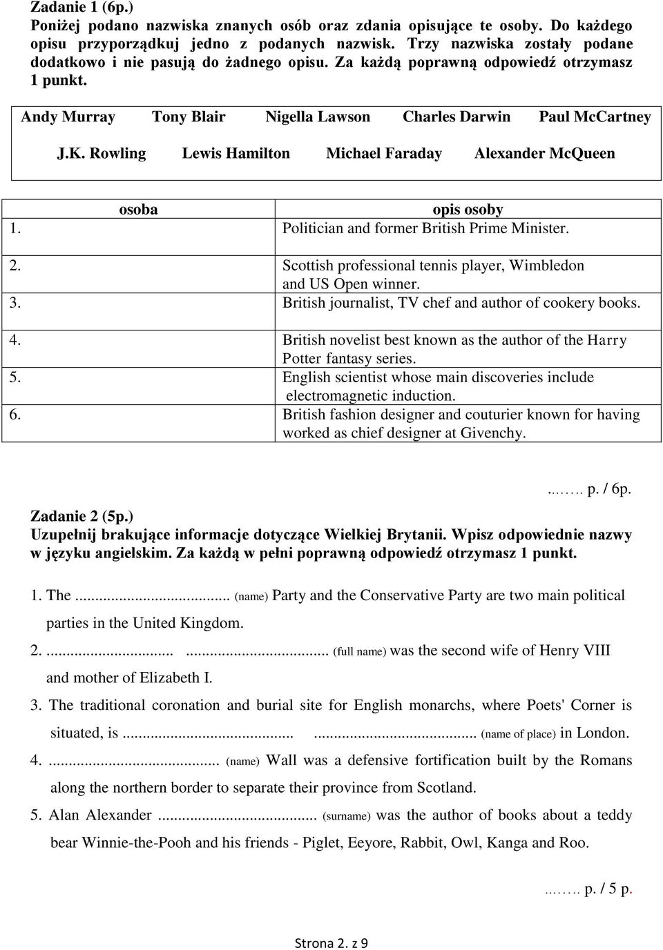 Rowling Lewis Hamilton Michael Faraday Alexander McQueen osoba opis osoby 1. Politician and former British Prime Minister. 2. Scottish professional tennis player, Wimbledon and US Open winner. 3.