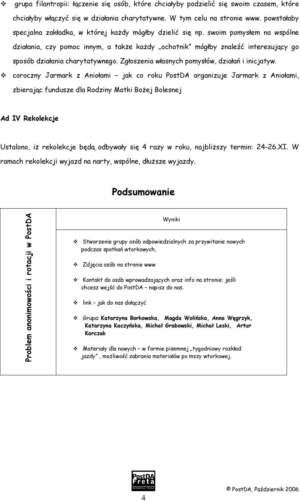 swoim pomysłem na wspólne działania, czy pomoc innym, a takŝe kaŝdy ochotnik mógłby znaleźć interesujący go sposób działania charytatywnego. Zgłoszenia własnych pomysłów, działań i inicjatyw.