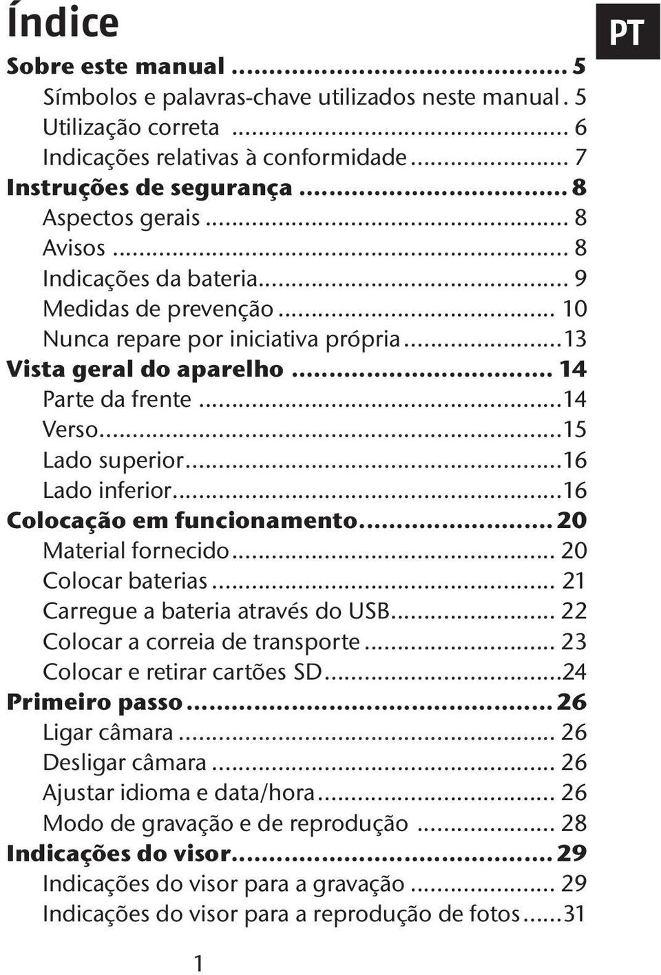 ..16 Lado inferior...16 Colocação em funcionamento... 20 Material fornecido... 20 Colocar baterias... 21 Carregue a bateria através do USB... 22 Colocar a correia de transporte.