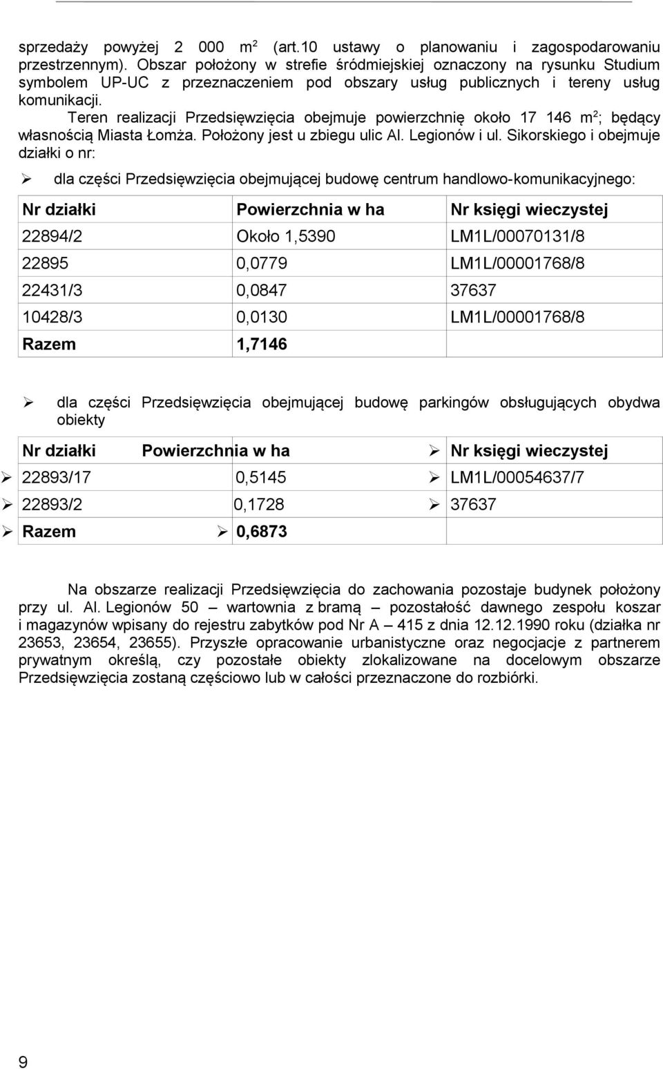 Teren realizacji Przedsięwzięcia obejmuje powierzchnię około 17 146 m2; będący własnością Miasta Łomża. Położony jest u zbiegu ulic Al. Legionów i ul.