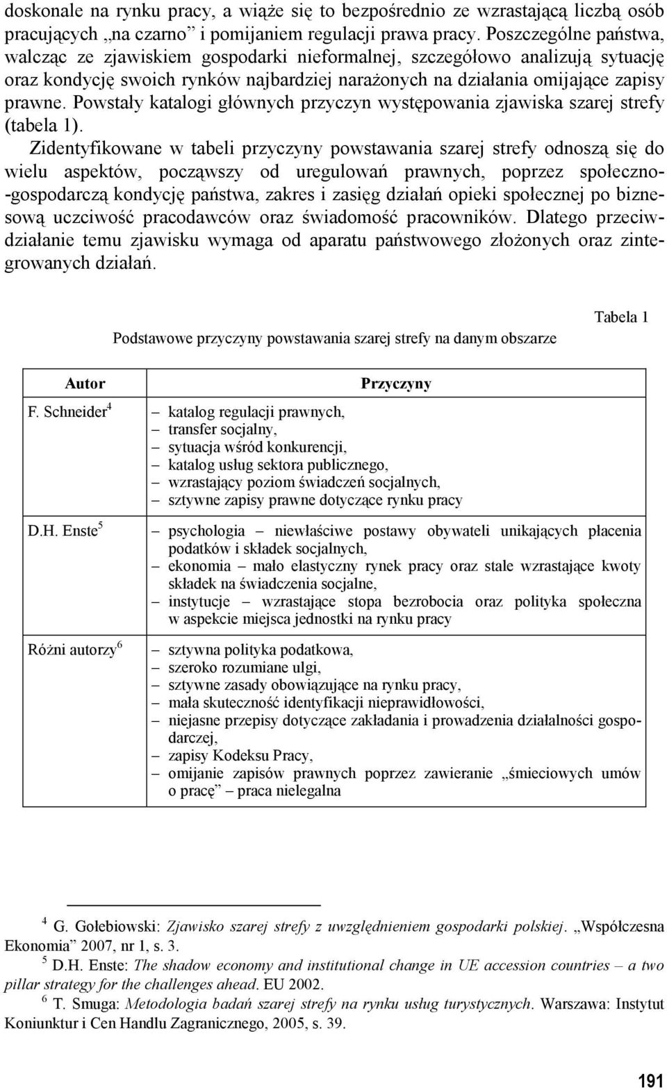 Powstały katalogi głównych przyczyn występowania zjawiska szarej strefy (tabela 1).