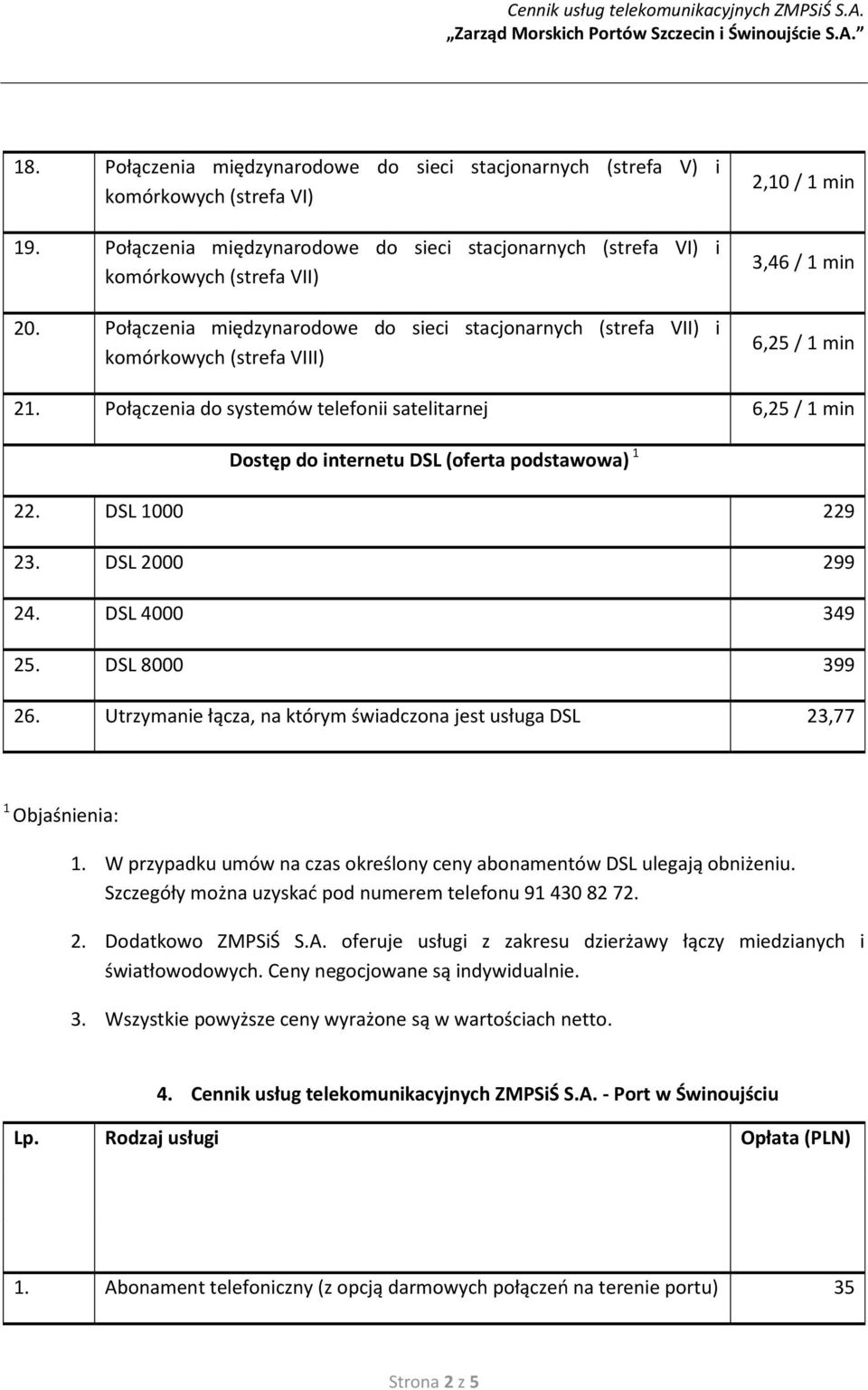 Połączenia do systemów telefonii satelitarnej 6,25 / 1 min Dostęp do internetu DSL (oferta podstawowa) 1 22. DSL 1000 229 23. DSL 2000 299 24. DSL 4000 349 25. DSL 8000 399 26.