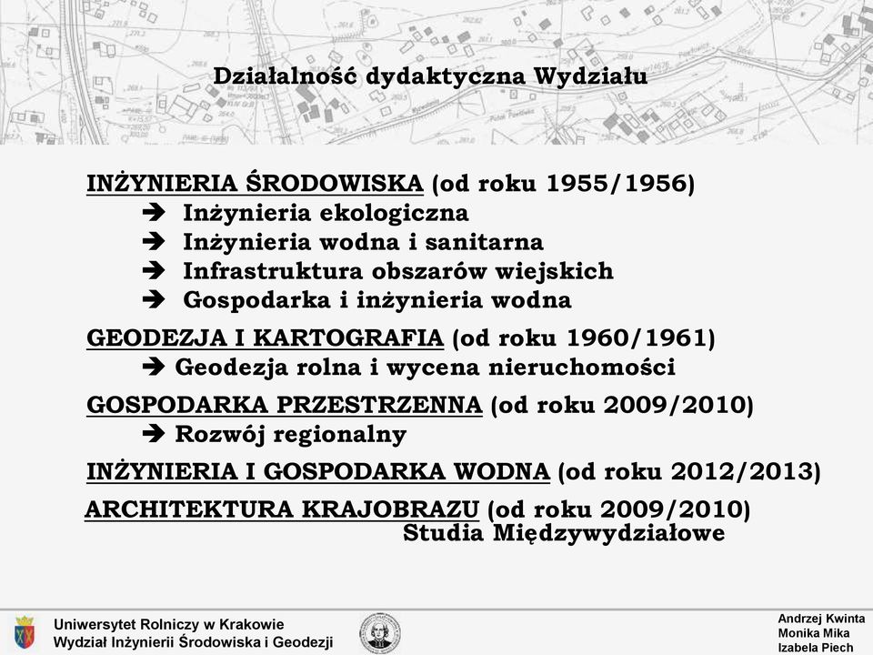 roku 1960/1961) Geodezja rolna i wycena nieruchomości GOSPODARKA PRZESTRZENNA (od roku 2009/2010) Rozwój