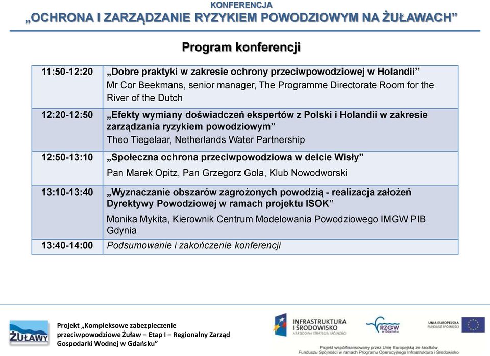 12:50-13:10 Społeczna ochrona przeciwpowodziowa w delcie Wisły Pan Marek Opitz, Pan Grzegorz Gola, Klub Nowodworski 13:10-13:40 Wyznaczanie obszarów zagrożonych powodzią -