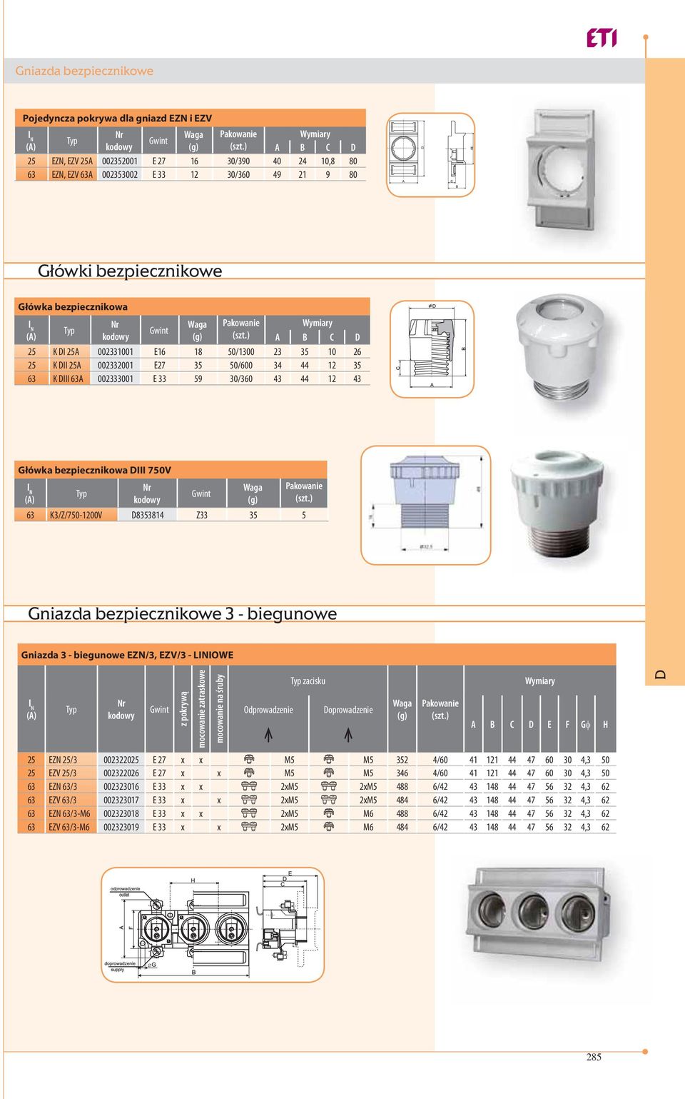 750V 63 K3/Z/750-1200V 8353814 Z33 35 5 Gniazda bezpiecznikowe 3 - biegunowe Gniazda 3 - biegunowe EZN/3, EZV/3 - LINIOWE z pokrywą mocowanie zatraskowe mocowanie na śruby Odprowadzenie zacisku