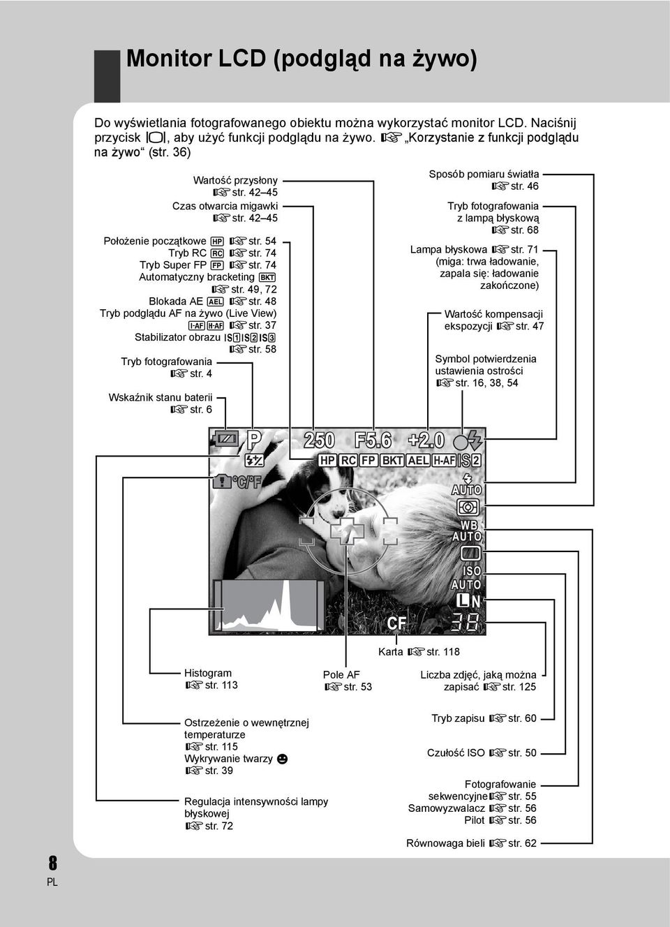 74 Tryb Super FP s gstr. 74 Automatyczny bracketing t gstr. 49, 72 Blokada AE u gstr. 48 Tryb podglądu AF na żywo (Live View) po gstr. 37 Stabilizator obrazu vws gstr. 58 Tryb fotografowania gstr.