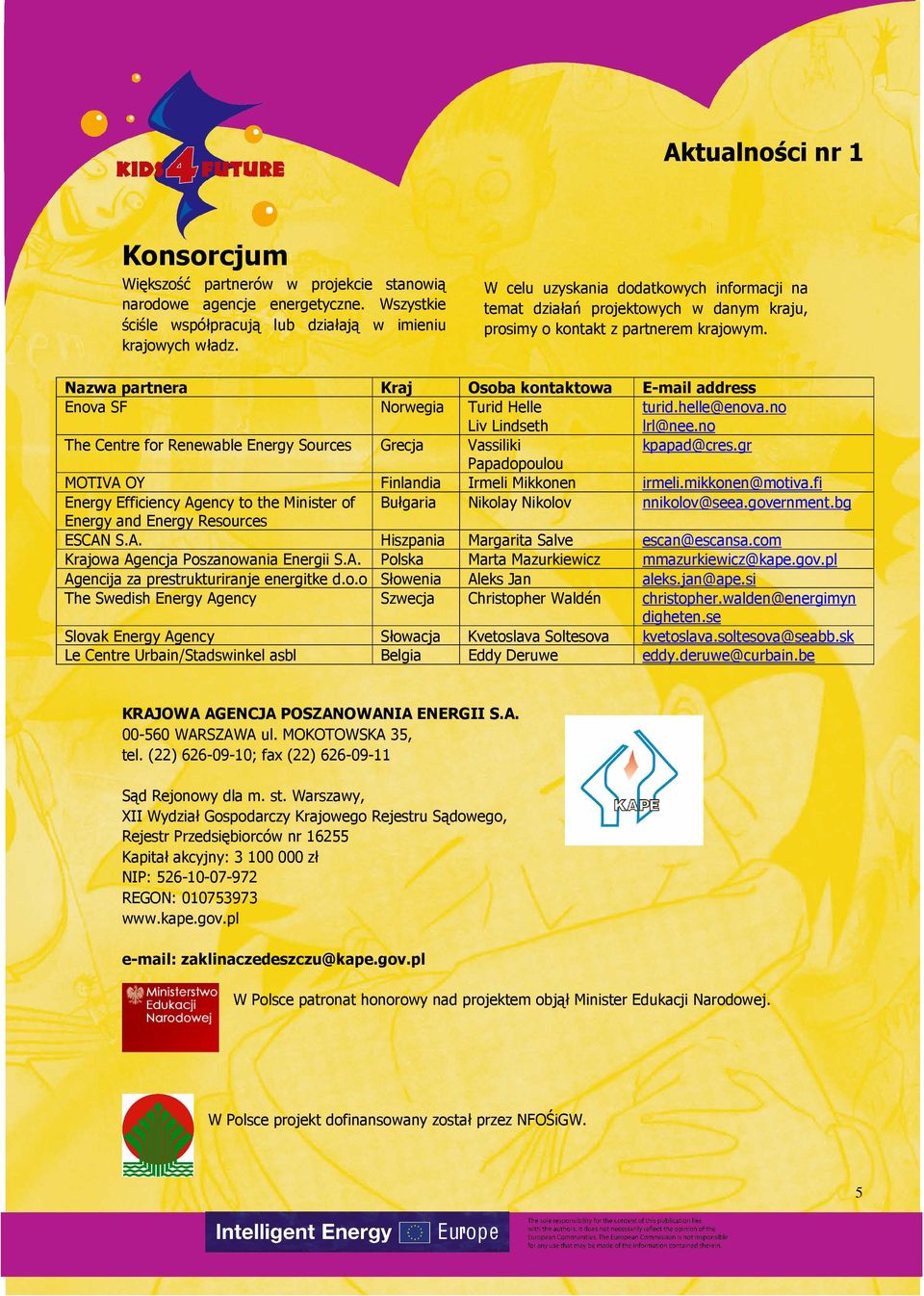 Nazwa partnera Kraj Osoba kontaktowa E-mail address Enova SF Norwegia Turid Helle Liv Lindseth turid.helle@enova.no lrl@nee.no The Centre for Renewable Energy Sources Grecja Vassiliki kpapad@cres.