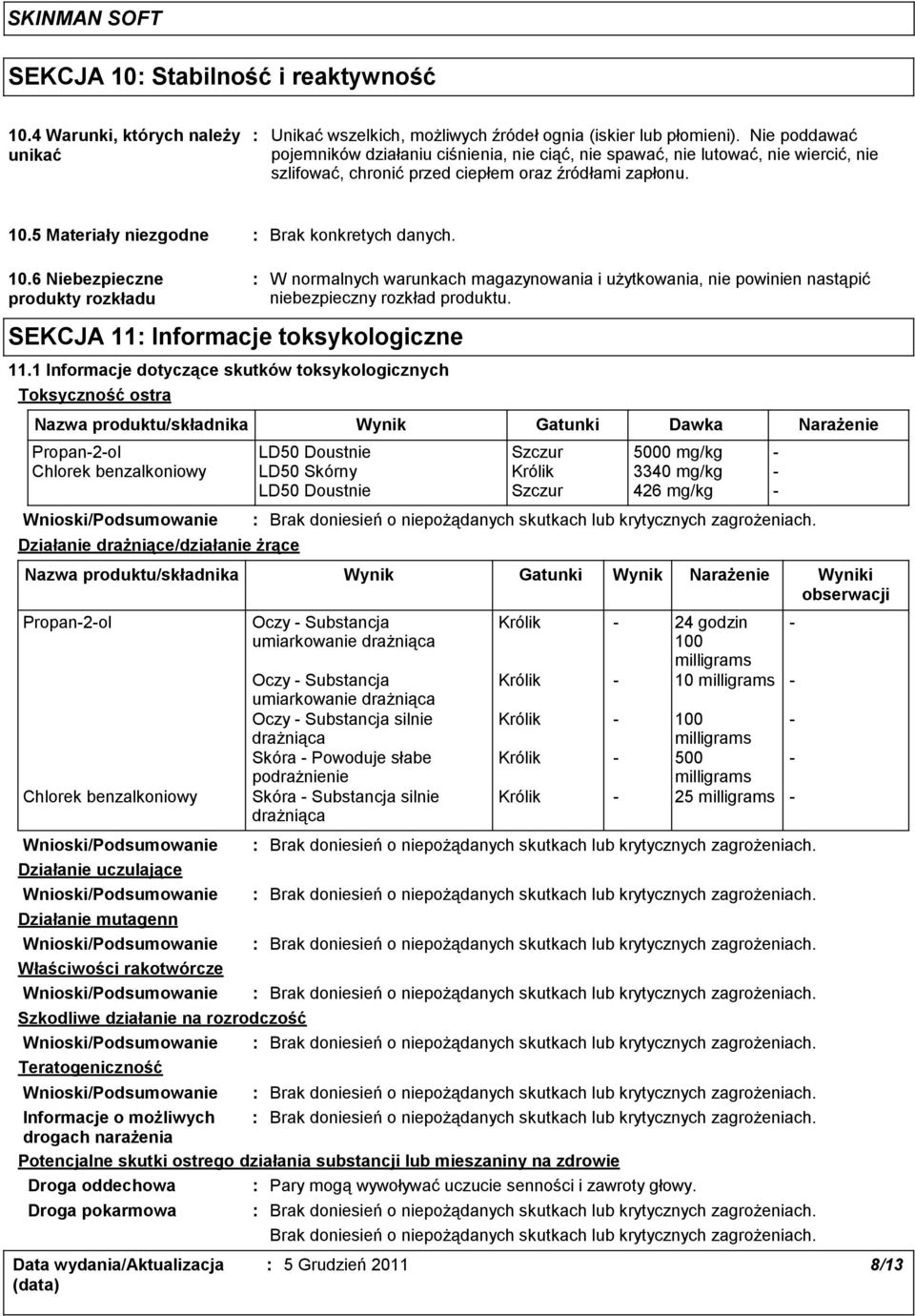 5 Materiały niezgodne Brak konkretych danych. 10.6 Niebezpieczne produkty rozkładu SEKCJA 11 Informacje toksykologiczne 11.