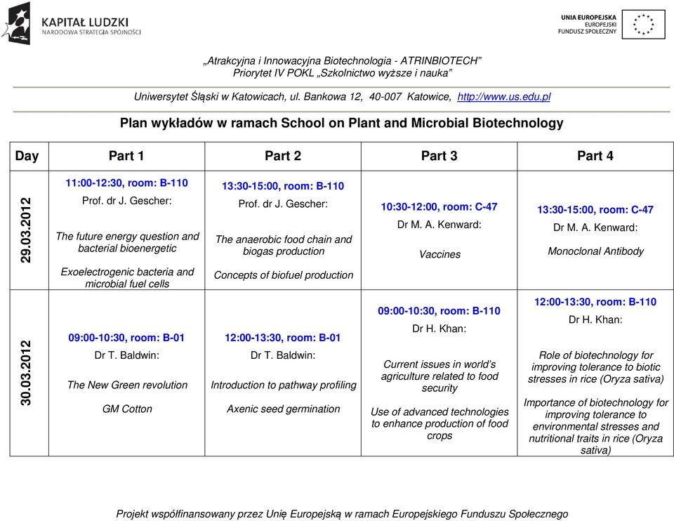 Kenward: Vaccines 13:30-15:00, room: C-47 Dr M. A. Kenward: Monoclonal Antibody Exoelectrogenic bacteria and microbial fuel cells Concepts of biofuel production 30.03.