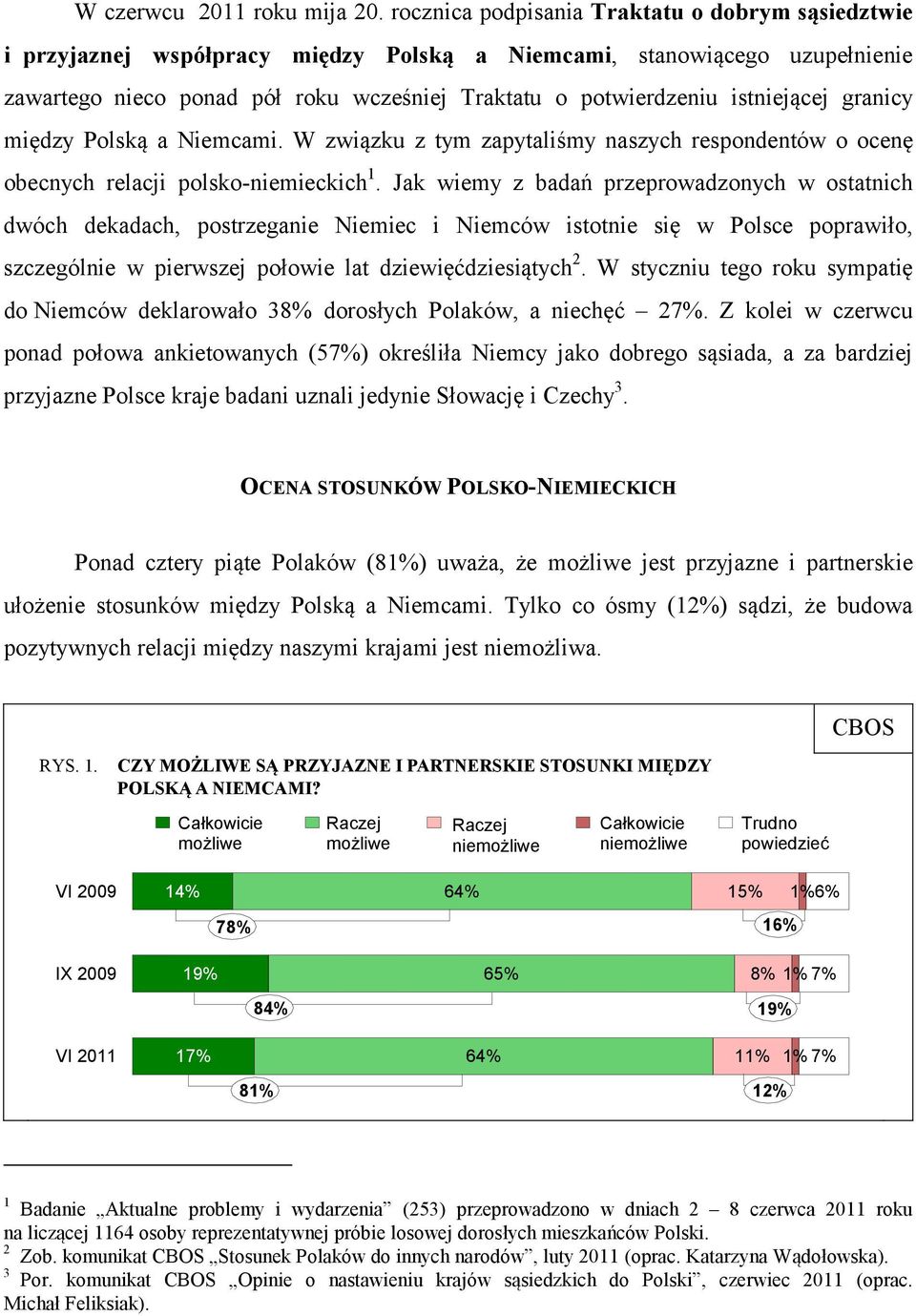 istniejącej granicy między Polską a Niemcami. W związku z tym zapytaliśmy naszych respondentów o ocenę obecnych relacji polsko-niemieckich 1.