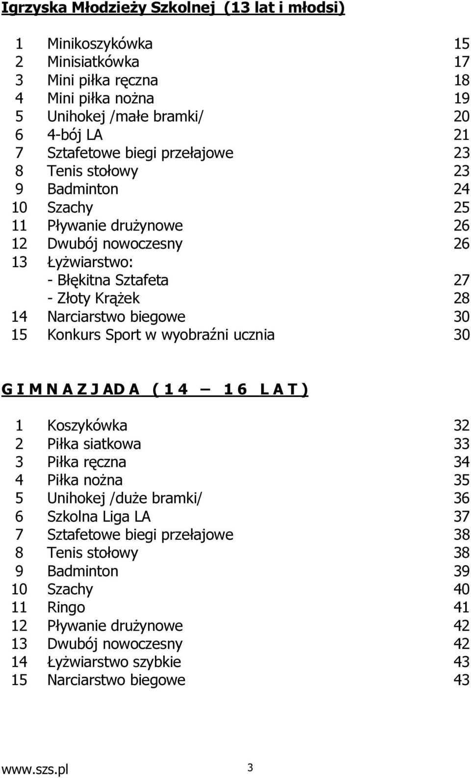 Konkurs Sport w wyobraźni ucznia 30 27 28 G I M N A Z J AD A ( 1 4 1 6 L A T ) 1 Koszykówka 32 2 Piłka siatkowa 33 3 Piłka ręczna 34 4 Piłka nożna 35 5 Unihokej /duże bramki/ 36 6 Szkolna Liga LA