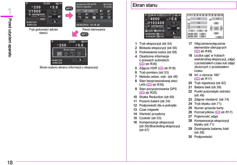 56) 3 Podniesienie lustra (str.68) 4 Osadzone informacje o prawach autorskich (w str.r38) 5 Zdjęcia HDR (w str.r18) 6 Tryb pomiaru (str.53) 7 Metoda ustaw. ostr. (str.48) 8 Stan bezprzewodowej sieci LAN (w str.
