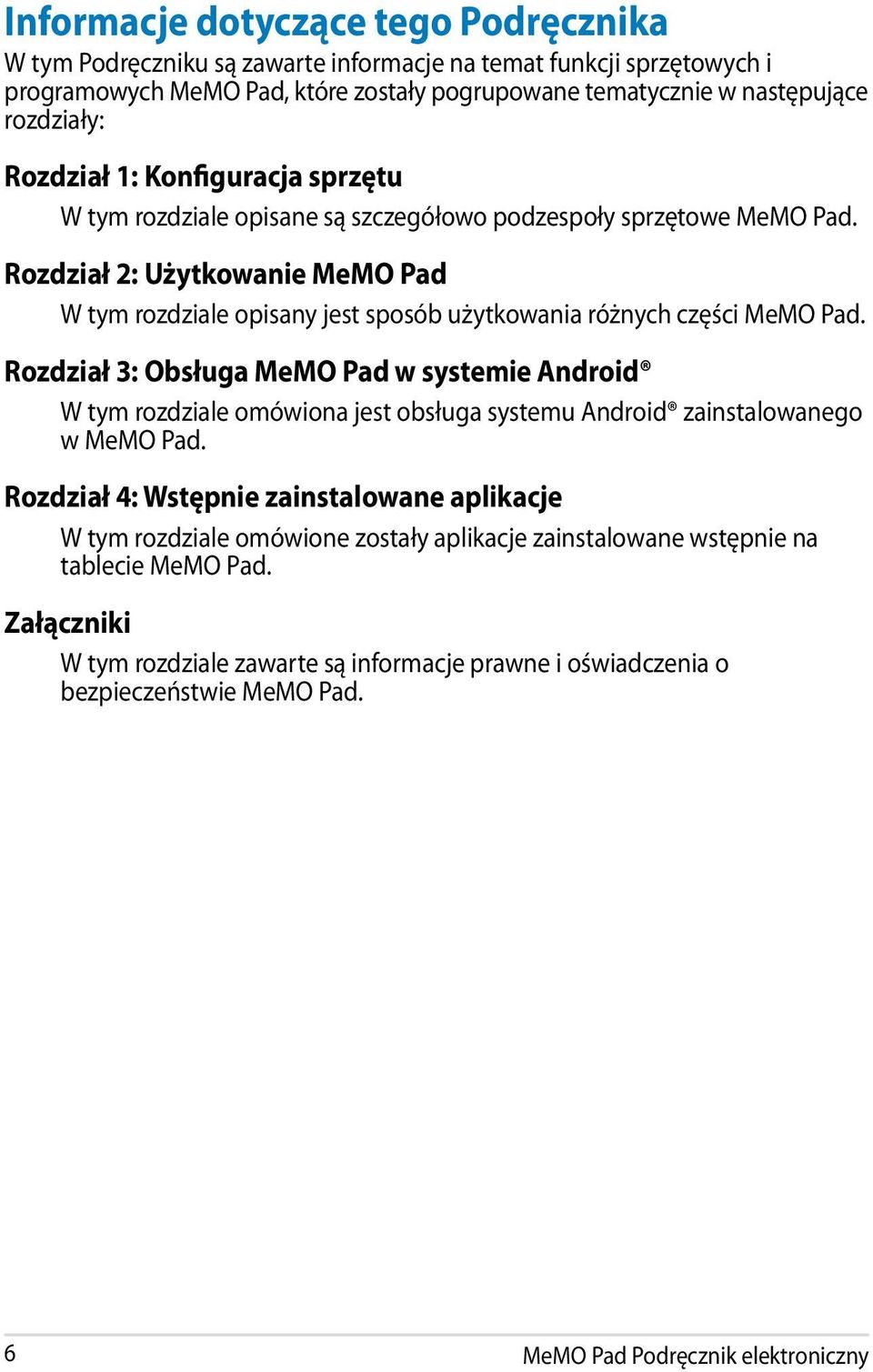 Rozdział 2: Użytkowanie MeMO Pad W tym rozdziale opisany jest sposób użytkowania różnych części MeMO Pad.