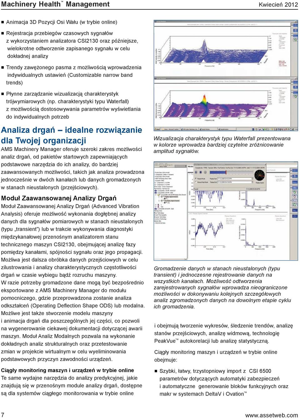 charakterystyki typu Waterfall) z możliwością dostosowywania parametrów wyświetlania do indywidualnych potrzeb Analiza drgań idealne rozwiązanie dla Twojej organizacji AMS Machinery Manager oferuje