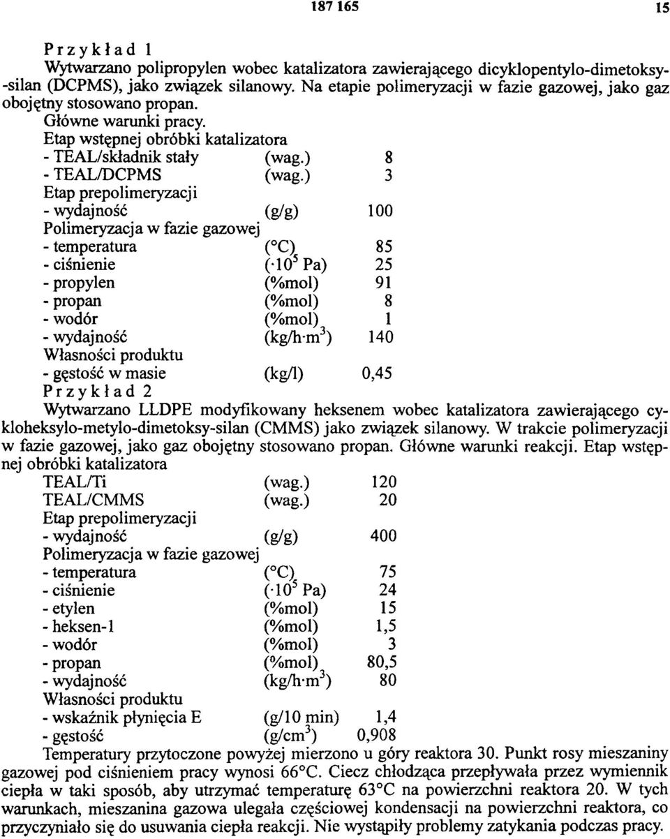 ) 3 Etap prepolimeryzacji - wydajność (g/g) 100 Polimeryzacja w fazie gazowej - temperatura ( C) 85 - ciśnienie ( 105 Pa) 25 - propylen (%mol) 91 - propan (%mol) 8 - wodór (%mol) 1 - wydajność (kg/h