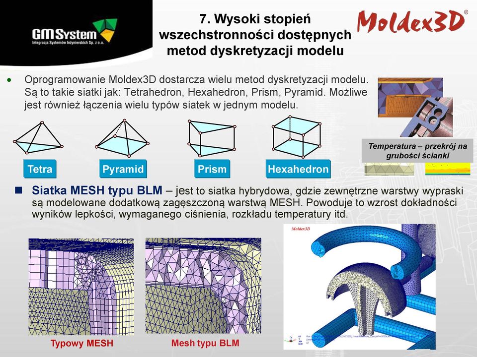 Tetra Pyramid Prism Hexahedron Temperatura przekrój na grubości ścianki Siatka MESH typu BLM jest to siatka hybrydowa, gdzie zewnętrzne warstwy