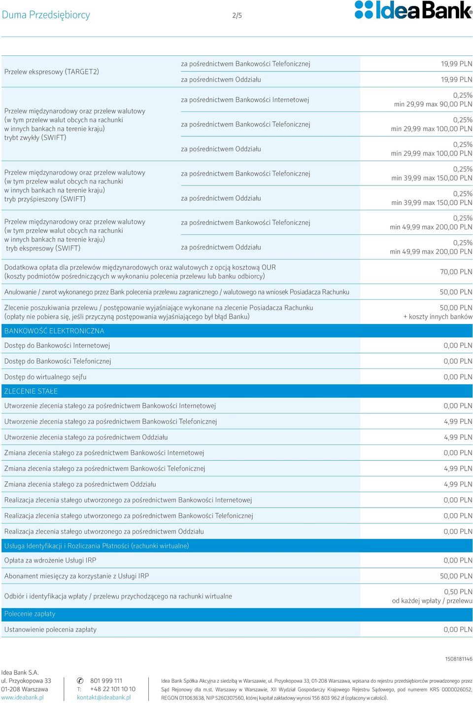 lub banku odbiorcy) Anulowanie / zwrot wykonanego przez Bank polecenia przelewu zagranicznego / walutowego na wniosek Posiadacza Rachunku Zlecenie poszukiwania przelewu / postępowanie wyjaśniające