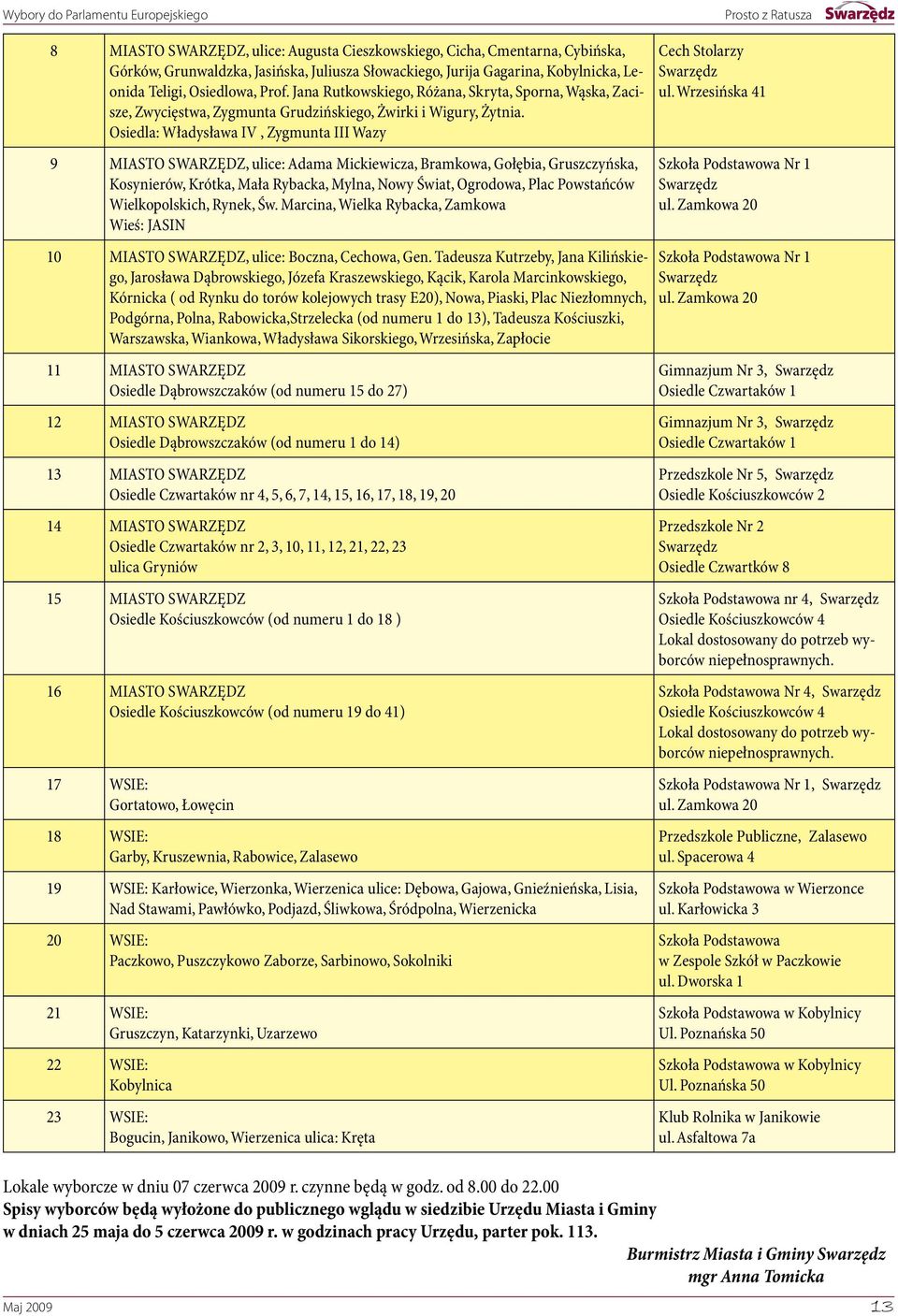 Osiedla: Władysława IV, Zygmunta III Wazy 9 MIASTO SWARZĘDZ, ulice: Adama Mickiewicza, Bramkowa, Gołębia, Gruszczyńska, Kosynierów, Krótka, Mała Rybacka, Mylna, Nowy Świat, Ogrodowa, Plac Powstańców