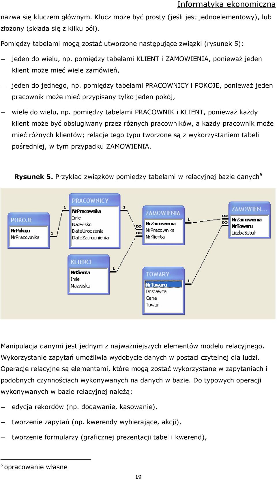 pomiędzy tabelami KLIENT i ZAMOWIENIA, poniewaŝ jeden klient moŝe mieć wiele zamówień, jeden do jednego, np.