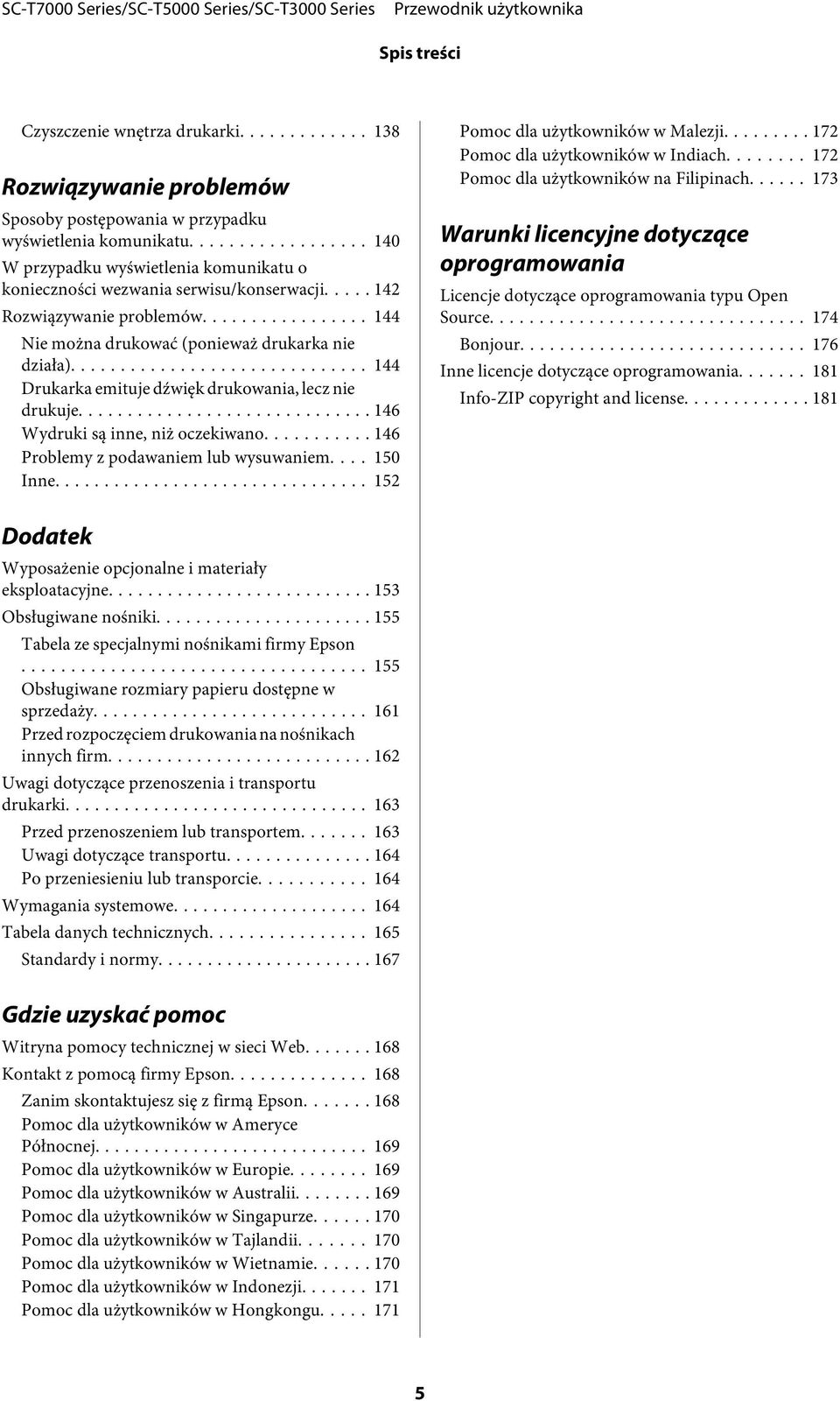 .. 144 Drukarka emituje dźwięk drukowania, lecz nie drukuje... 146 Wydruki są inne, niż oczekiwano... 146 Problemy z podawaniem lub wysuwaniem.... 150 Inne.... 152 Pomoc dla użytkowników w Malezji.