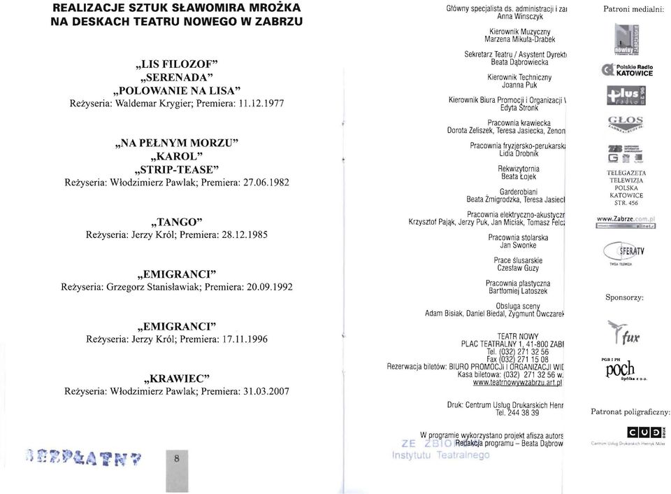 1985 EMIGRANCI" Reżyseria: Grzegorz Stanisławiak; Premiera: 20.09.1992 EMI GRAN Cl" Reżyseria: Jerzy Król; Premiera: 17.11.1996 KRA WIEC" Reżyseria: Włodzimierz Pawlak; Premiera: 31.03.